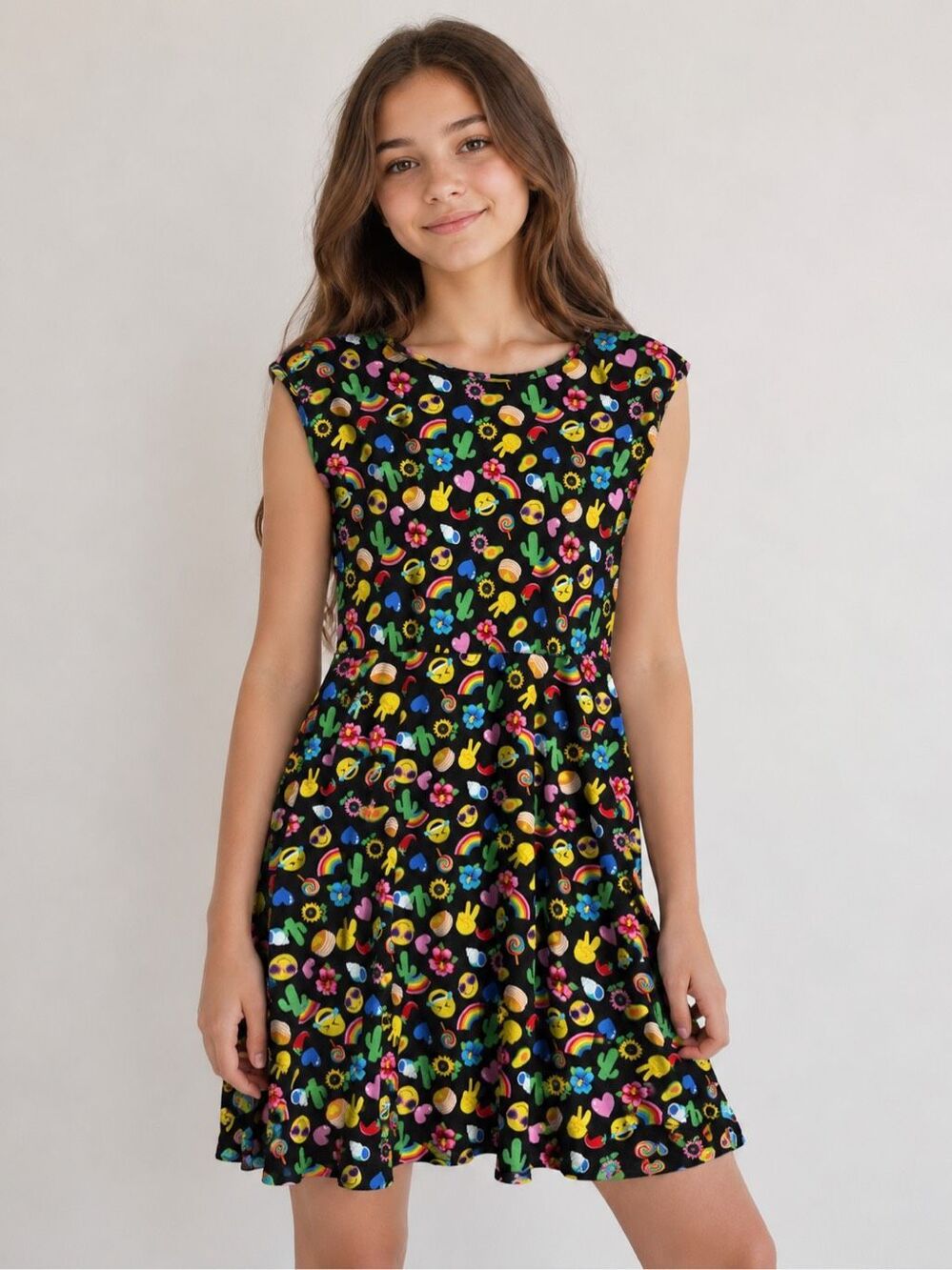 PLACE Girls XXL 16Y Colorful Emoji Print 100% Cotton Fit Flare Dress